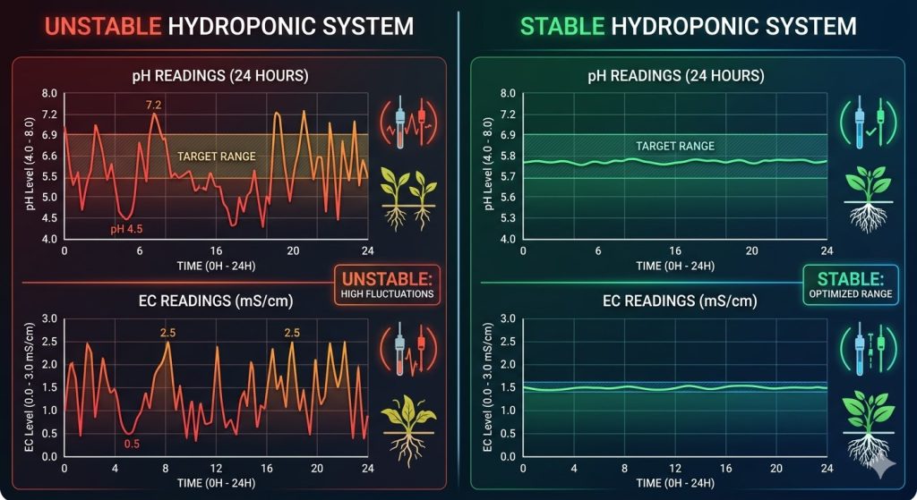 A hydroponic grow room setup with clearly labeled, high-quality sensors, pumps, and valves, all integrated with a central, robust automation controller. The image emphasizes order and professional installation