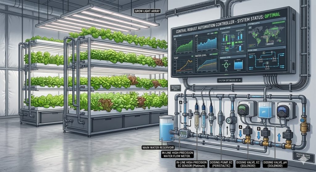 A hydroponic grow room setup with clearly labeled, high-quality sensors, pumps, and valves, all integrated with a central, robust automation controller. The image emphasizes order and professional installation.
