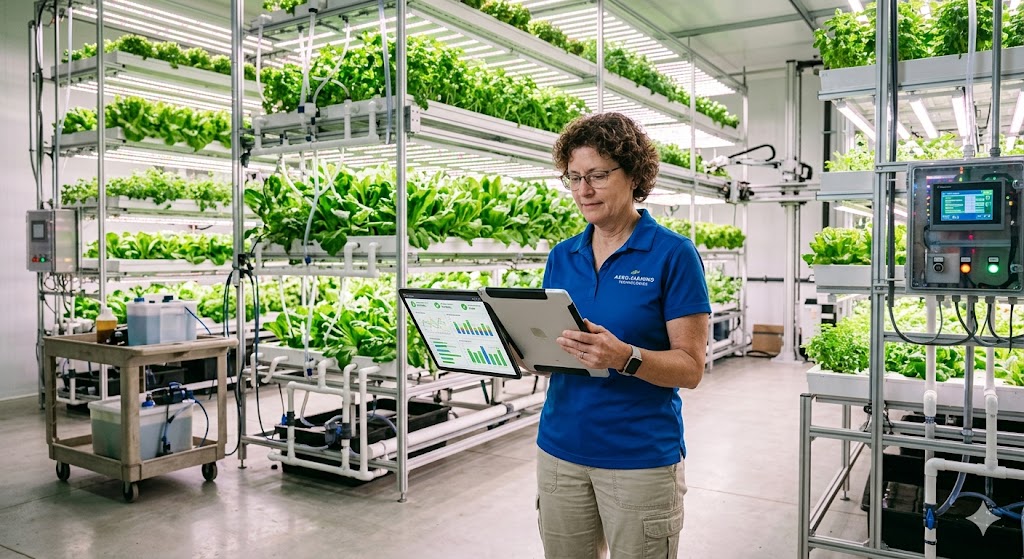 A successful hydroponic farm, with lush, healthy plants thriving under automated systems. A technician is calmly reviewing data on a tablet, indicating smooth operation and high yield.