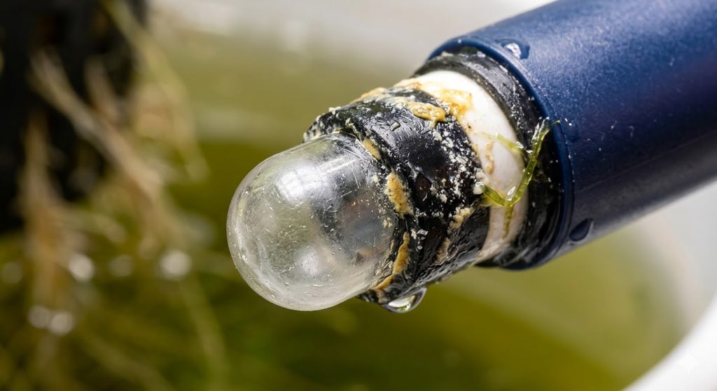 Close-up of a hydroponic pH sensor probe showing signs of fouling and wear, with microscopic detail of membrane degradation.