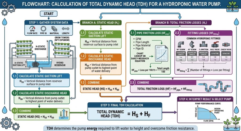 Flowchart illustrating the calculation of total dynamic head for a hydroponic water pump, including static head, friction losses in pipes, and fitting losses