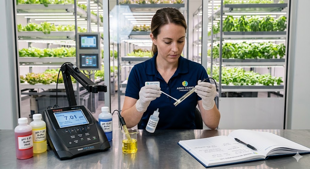 A hydroponic technician meticulously cleaning and calibrating a pH sensor, with a digital display showing stable readings and a logbook open nearby. The environment is clean and professional.